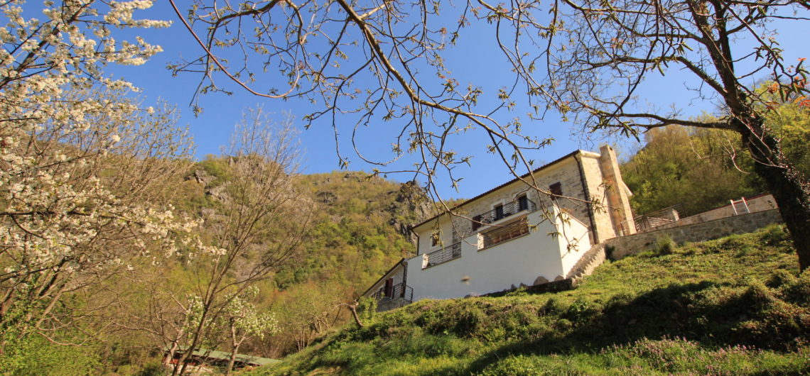 A stone villa with terrace on a grassy hillside, pictured in the Springtime, surrounded by trees and blossom with bright blue sky above, which is used as a holiday accommodation at Lake Skadar, Montenegro.