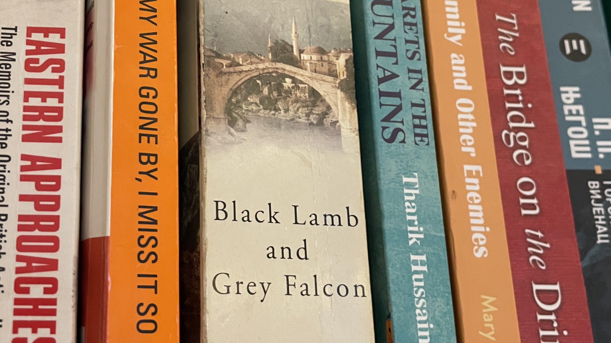 Books about the Balkans on a bookshelf, including Black Lamb and Grey Falcon by Rebecca West