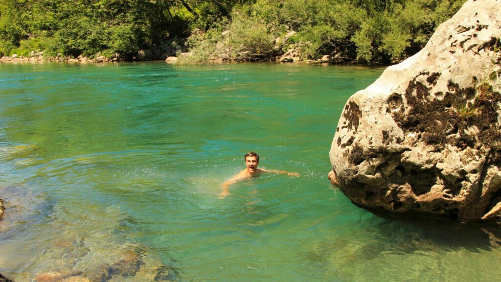 Cold water swimming in the Tara River, Montenegro