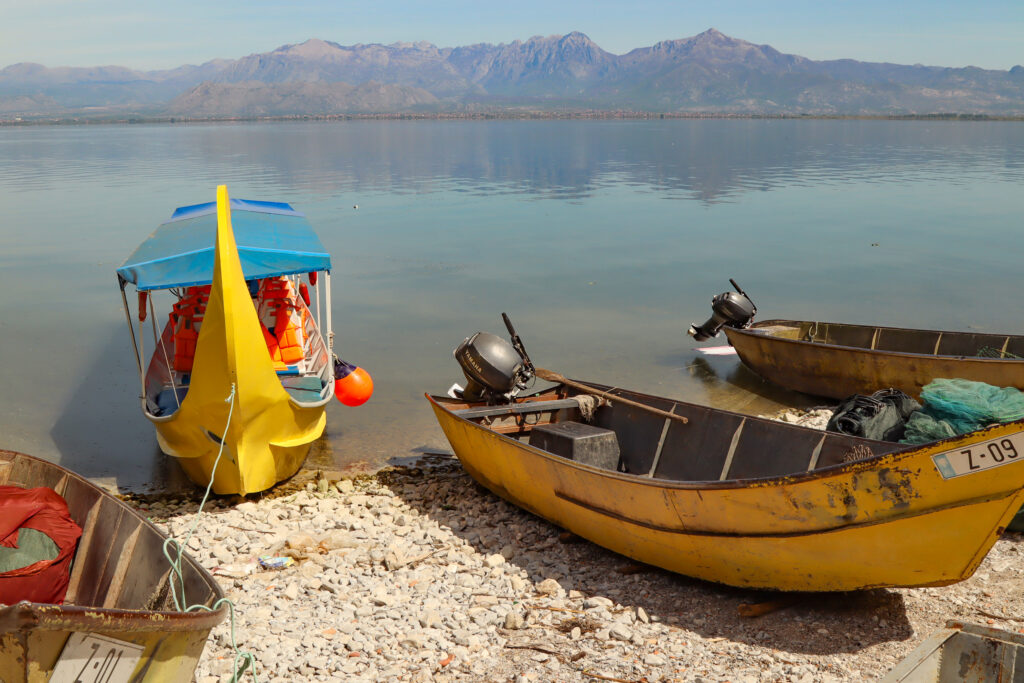 A yellow tourist boat pictured at Shkoder Lake in Albania, pulled in at a shingle beach with fishing boats, on a sunny day with calm water and the Accursed mountains in the background