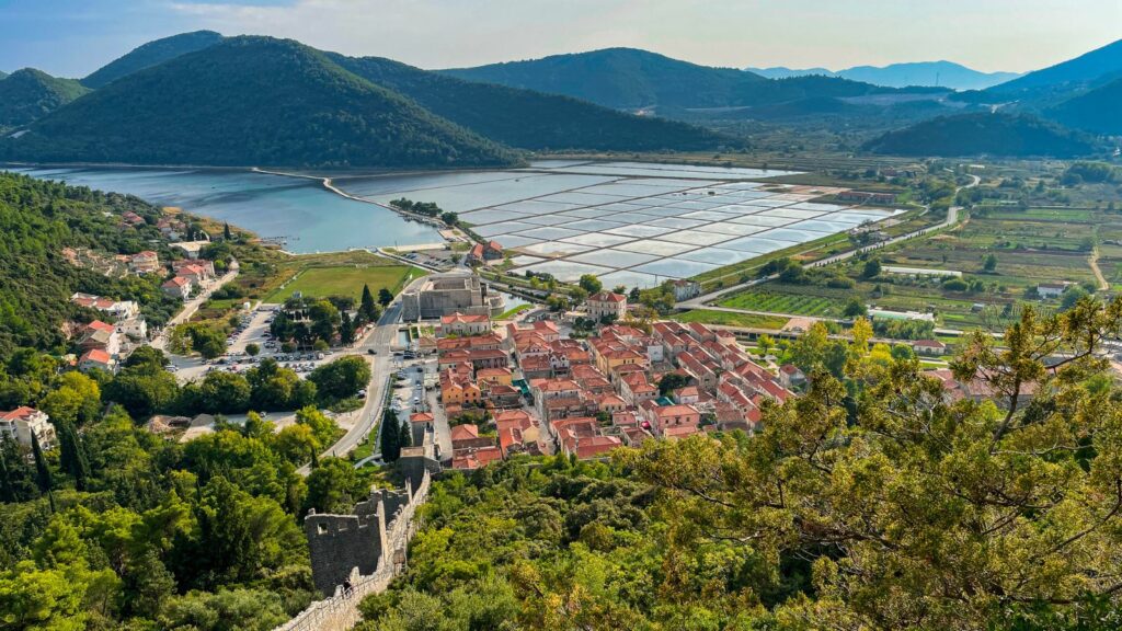 Ston Salt Works as seen from a viewpoint on the Walls of Ston