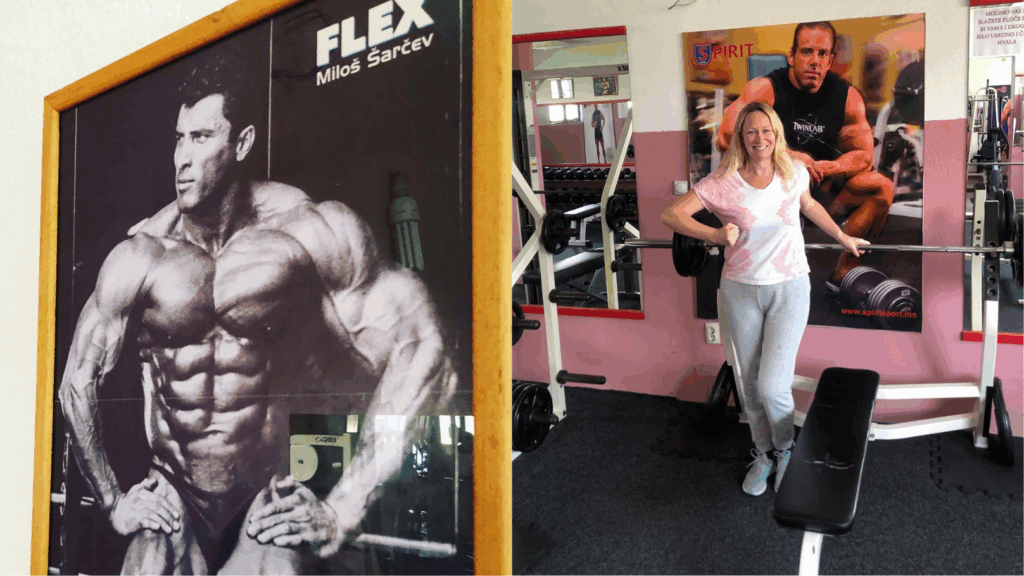 Emma Heywood training in a Podgorica gym next to a Balkan bodybuilder poster