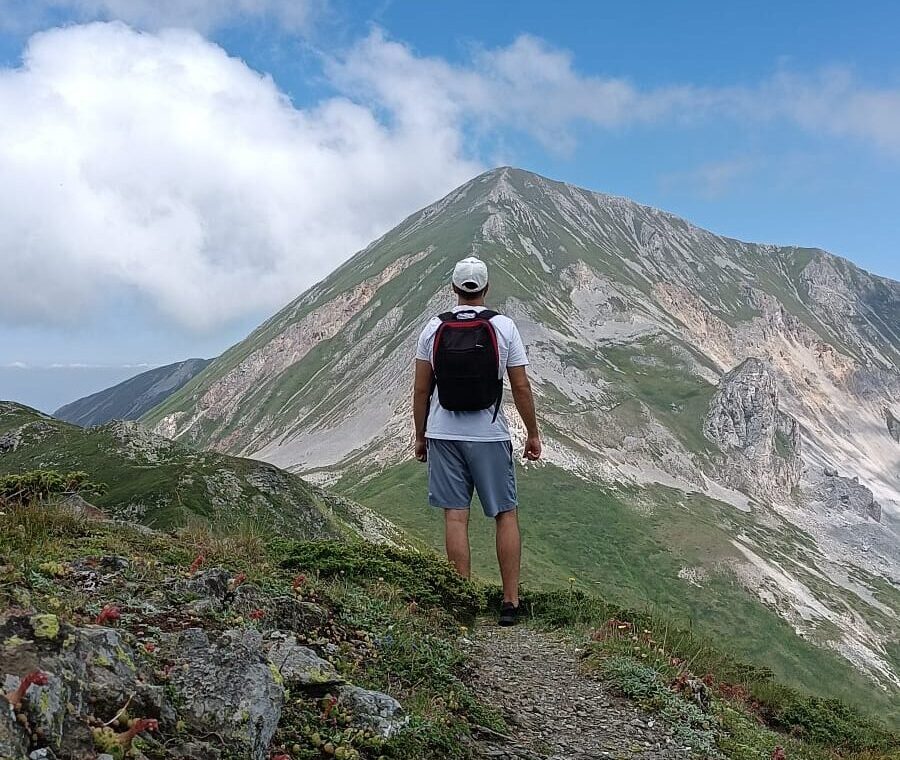 Hiker with backpack standing on a rocky mountain trail, facing a green-sloped peak under a blue sky.