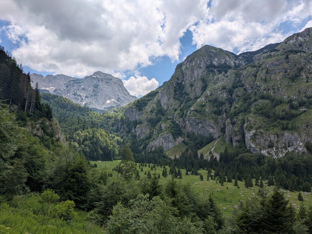 Mountain valley in Sutjeska National Park, with rocky cliffs, green slopes and dense forest typical of Bosnia and Herzegovina.