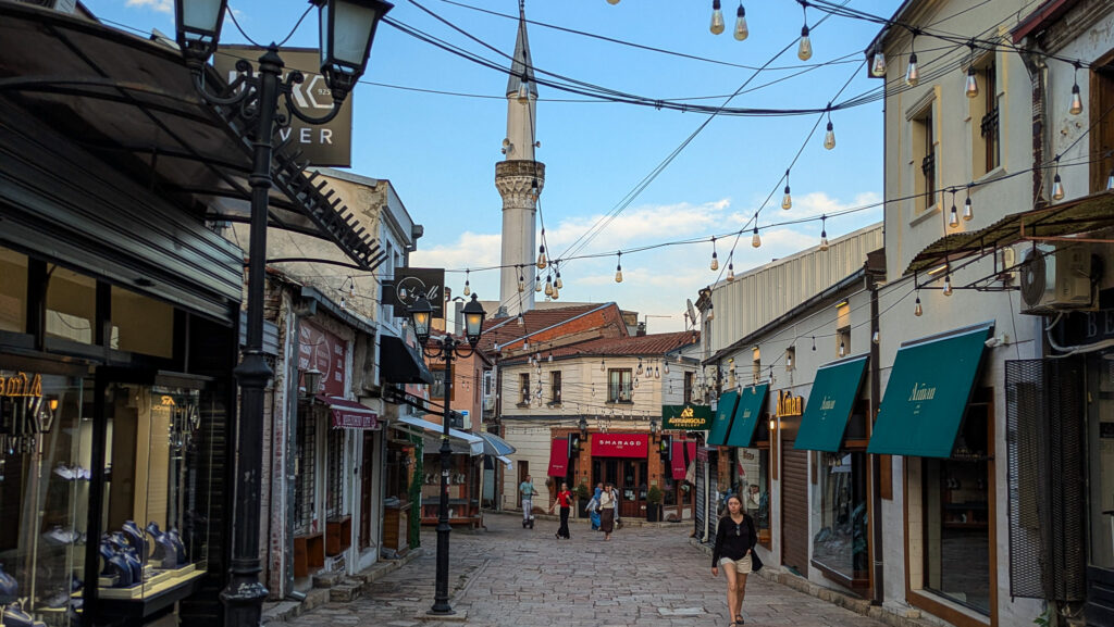 A cobbled street in Skopje's Carsija leading to an Ottoman-era mosque