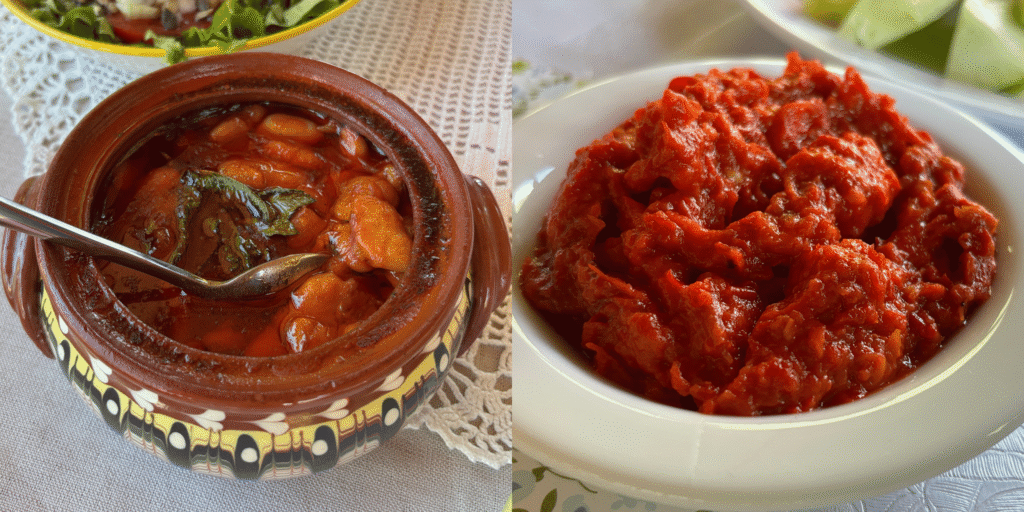 Left: a traditional pot of tavce gravce baked beans in North Macedonia; right: white bowl of bright red ajvar, a salsa-like relish made of red pepper and onion