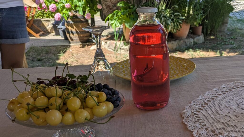 Outdoor table setting for a garden gathering: pink drink in a bottle, fruit bowl, lavender vase, and yellow patterned plates on a doily.